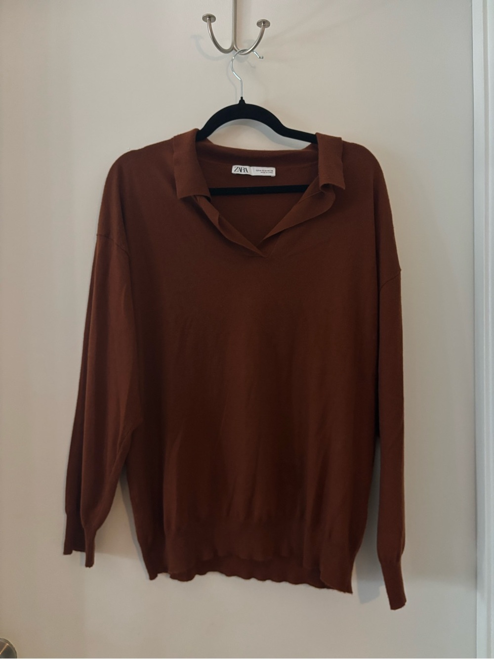 Zara Rust Brown V-Neck Collared Sweater